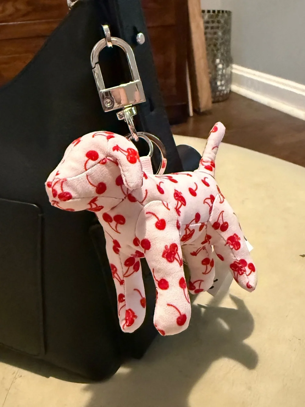 PINK Victoria's Secret Pink Dog Keychain with Red Cherry Print